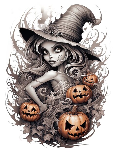 un dessin d'une sorcière avec un chapeau de sorcière dessus