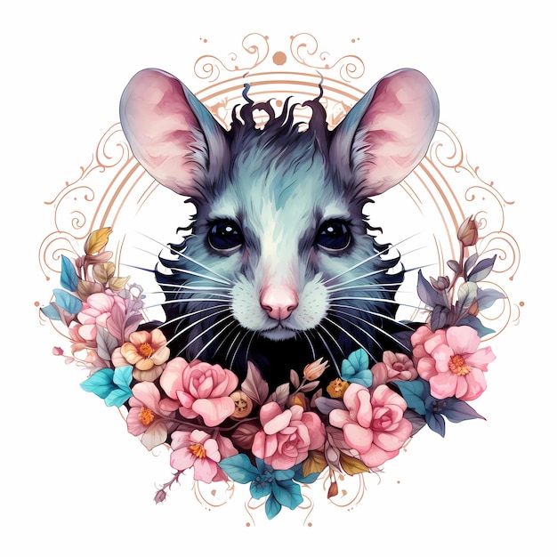 un dessin d'une souris avec une couronne et des fleurs