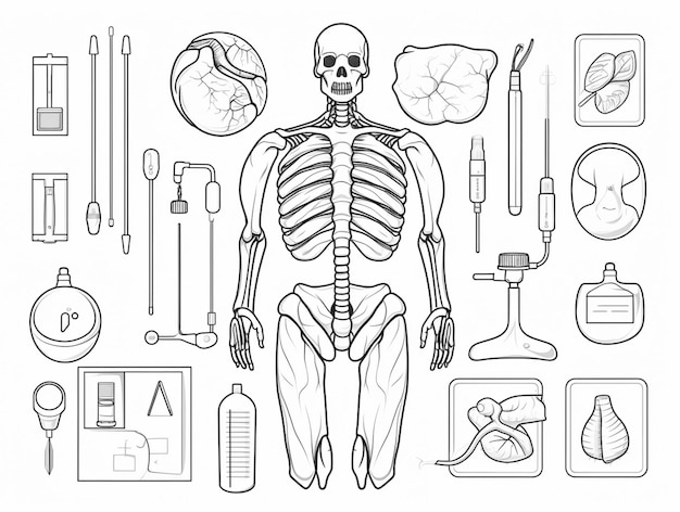 un dessin d'un squelette avec divers objets médicaux qui l'entourent