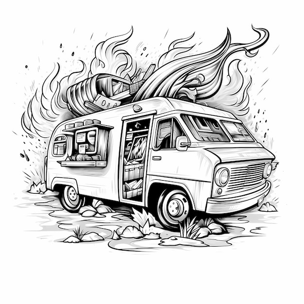 dessin de style dessin animé d'un camion de taco en feu style de tatouage de contour