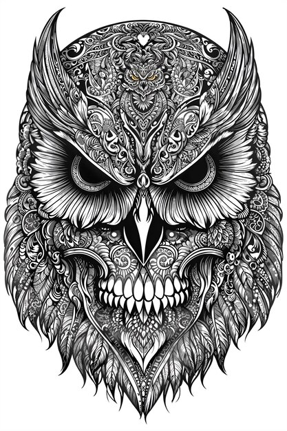 Photo dessin de style tatouage d'une tête de hibou mélangée à un ornement tribal du crâne