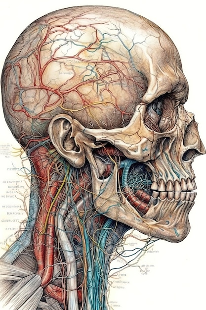 Dessin de style vintage d'un crâne humain avec le système sanguin Generative AI
