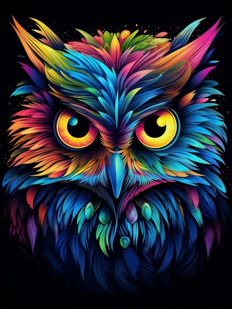 dessin de t-shirt hibou coloré avec de grands yeux noirs