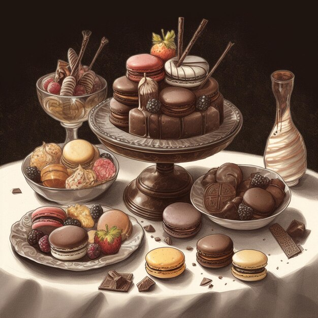 Un dessin d'une table avec des desserts et un vase de chocolats.