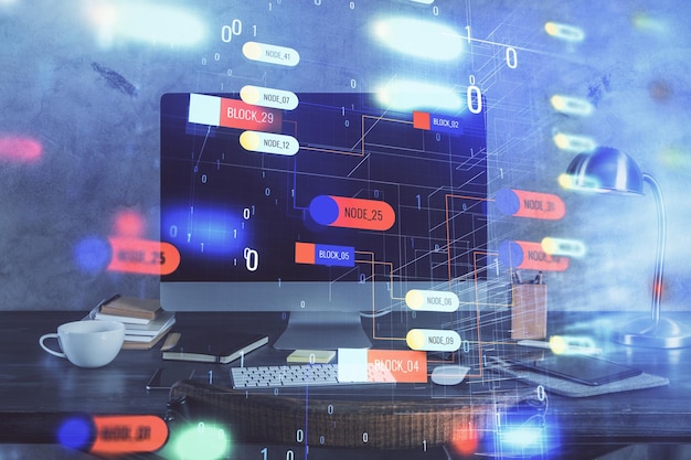 Dessin et tableau sur le thème de la technologie avec ordinateur Conception de l'information à double exposition