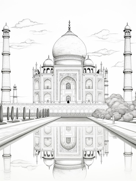 un dessin d'un Taj Mahal avec une réflexion dans le générateur d'eau ai