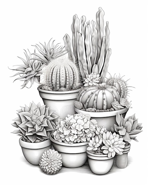 un dessin d'un tas de plantes en pot avec des cactus ai génératif