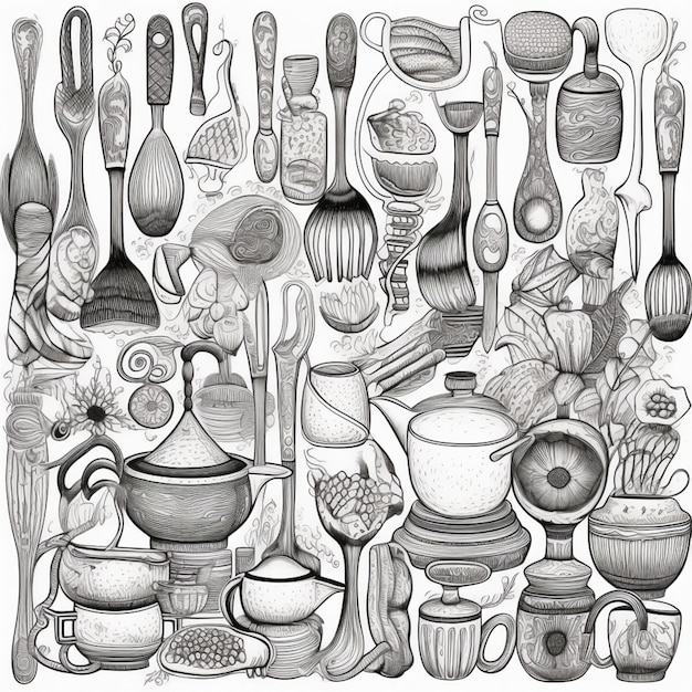 Photo un dessin d'un tas d'ustensiles de cuisine différents ai génératif