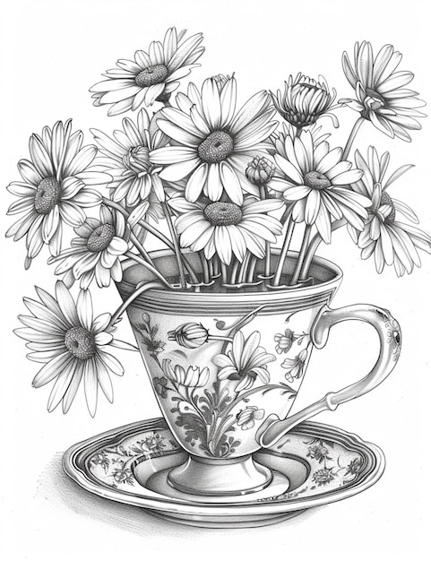 un dessin d'une tasse avec des marguerites sur une soucoupe générative ai