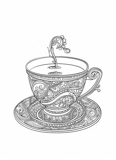 un dessin d'une tasse de thé avec une soucoupe et une sauce générative ai