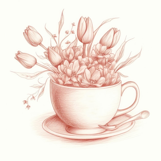 Un dessin d'une tasse de tulipes avec une cuillère et une fleur dessus.