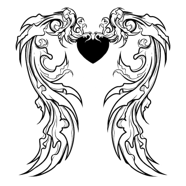 Dessin de tatouage d'aile de cœur mythique néo tribal en noir et blanc