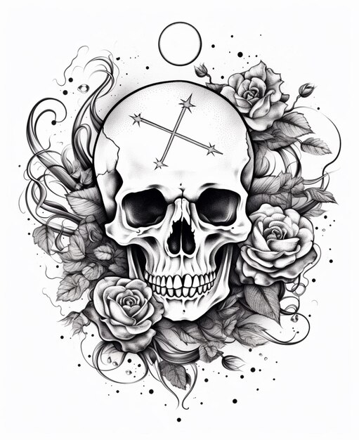 Photo un dessin de tatouage de crâne et de roses avec une croix dessus