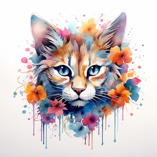 Le dessin de tatouage d'élégance féline d'un chat à l'aquarelle sur un fond blanc plat