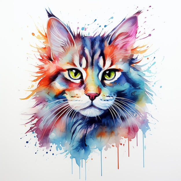 Le dessin de tatouage d'élégance féline d'un chat à l'aquarelle sur un fond blanc plat