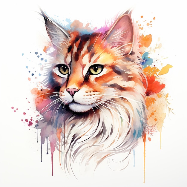 Le dessin de tatouage d'élégance féline d'un chat à l'aquarelle sur un fond blanc plat