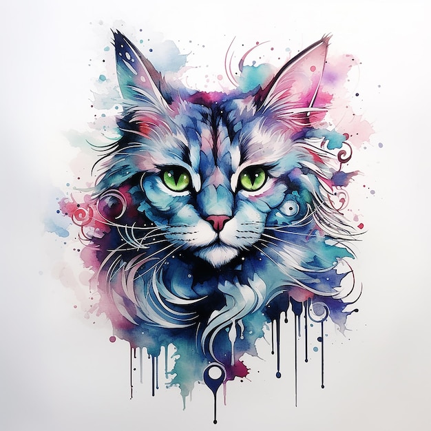 Le dessin de tatouage d'élégance féline d'un chat à l'aquarelle sur un fond blanc plat