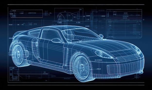 Dessin technique approfondi d'une voiture affiché dans une infographie informative Création à l'aide d'outils d'IA génératifs