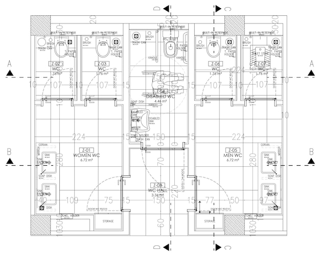 Dessin technique architectural d'une conception de plan d'étage de toilettes publiques