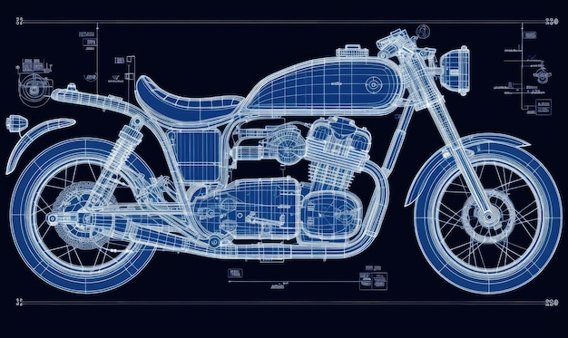 Dessin technique détaillé d'une moto affiché dans un plan informatif Création à l'aide d'outils d'IA génératifs