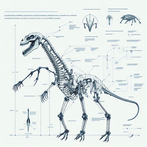 Dessin technique simplifié Léonard de Vinci Squelette mécanique de dinosaure