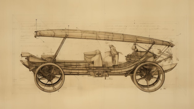 Un dessin technique vintage d'une voiture Transport dans le style des croquis de Léonard de Vinci