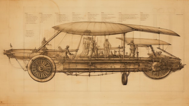 Photo un dessin technique vintage d'une voiture transport dans le style des croquis de léonard de vinci