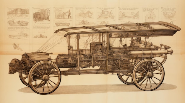 Un dessin technique Vintage d'une voiture Transport dans le style des croquis de Léonard de Vinci