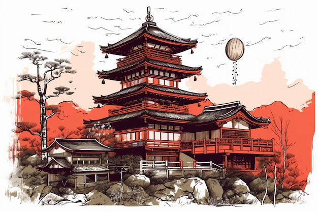 Un dessin d'un temple japonais dans un paysage