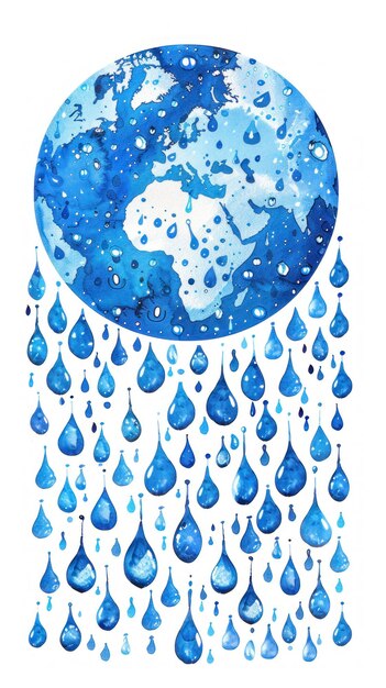 Photo un dessin de la terre avec des gouttes de pluie qui tombent dessus concept de la journée mondiale de l'eau