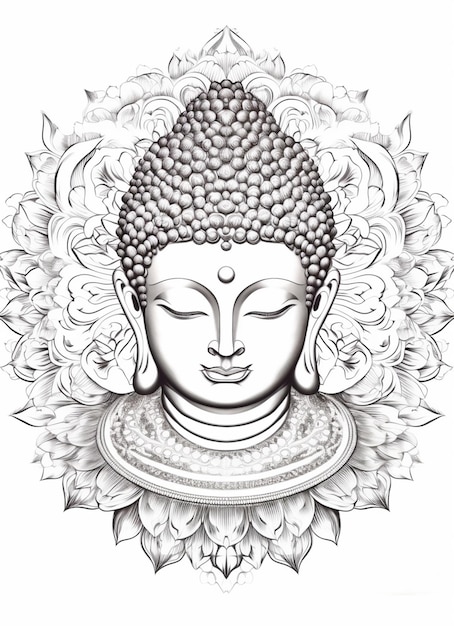 Photo un dessin d'une tête de bouddha avec une fleur en arrière-plan ai générative