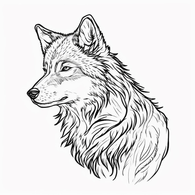 un dessin d'une tête de loup avec des cheveux longs