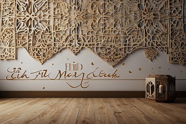 Un dessin de texte Happy Eid Mubarak sur un mur vide isolé