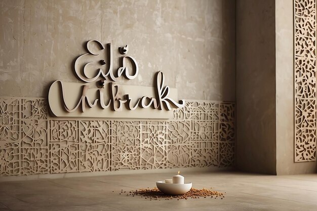 Un dessin de texte Happy Eid Mubarak sur un mur vide isolé