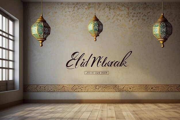 Un dessin de texte Happy Eid Mubarak sur un mur vide isolé