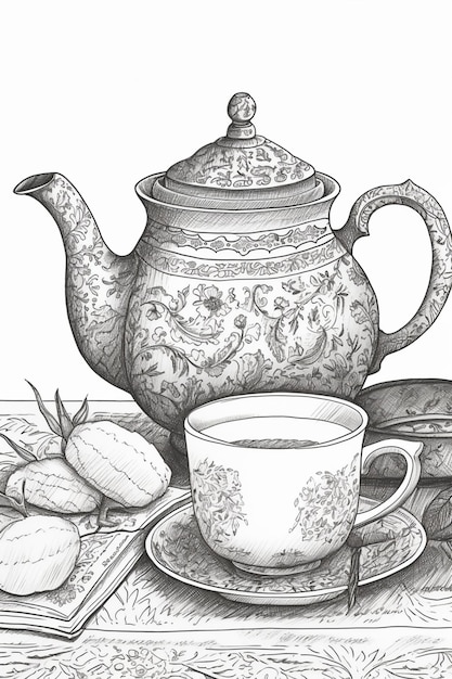 Photo dessin d'une théière et d'une tasse de thé sur une table