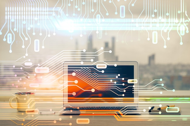 Dessin de thème technologique et table avec ordinateur Double exposition Concept d'information