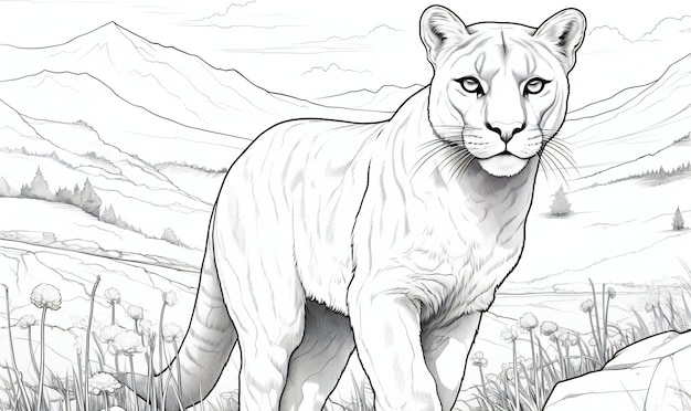 Dessin d'un tigre blanc sur le fond des montagnes