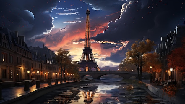 Dessin de la tour Eiffel la nuit AI générative