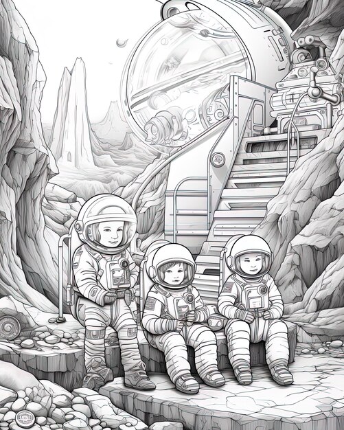 un dessin de trois astronautes et d'un vaisseau spatial