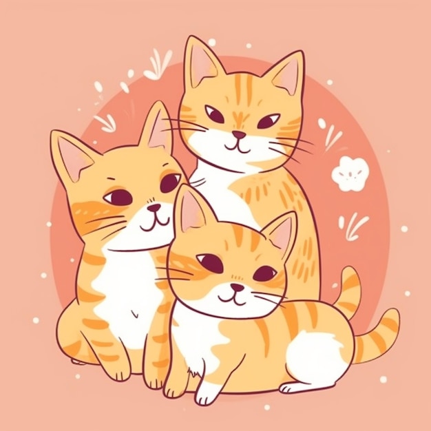 Un dessin de trois chats assis sur un fond rose