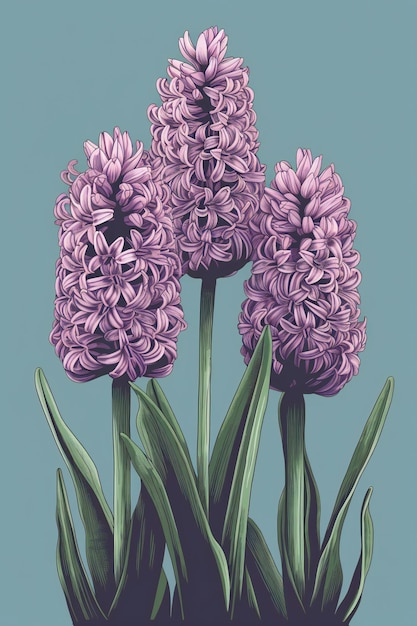 Un dessin de trois jacinthes violettes avec celle du haut sur fond bleu.