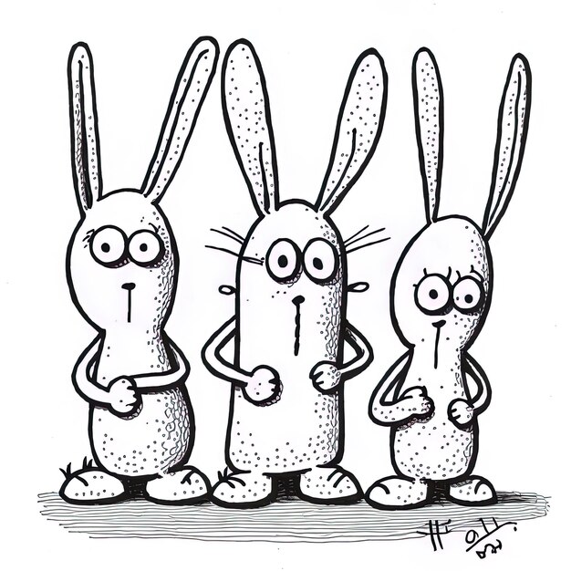 un dessin de trois lapins de dessin animé avec un lapin disant