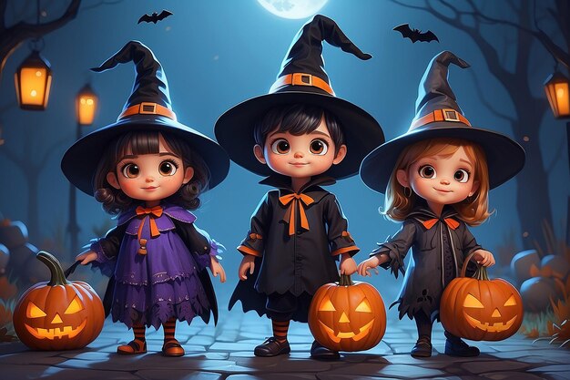 Un dessin de trois petits enfants déguisés en personnages d'Halloween