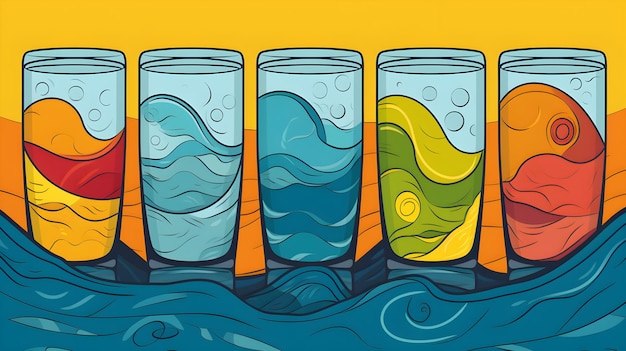 Un dessin de trois verres d'eau avec un citron et un citron vert au fond.