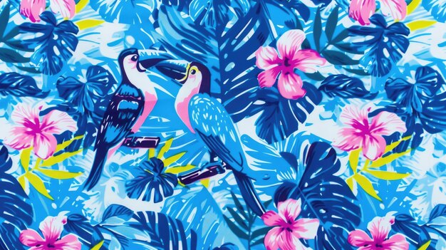 Photo un dessin tropical avec des oiseaux et des fleurs