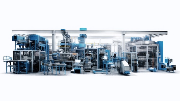 un dessin d'une usine avec un fond bleu et blanc.