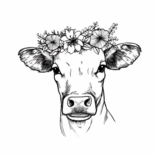 un dessin d'une vache avec une couronne de fleurs sur la tête ai générative