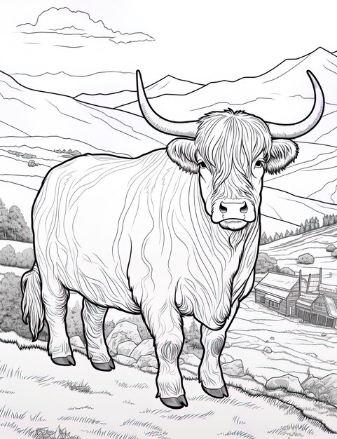 un dessin d'une vache avec une montagne en arrière-plan