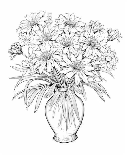 Un dessin d'un vase avec des fleurs sur un fond blanc